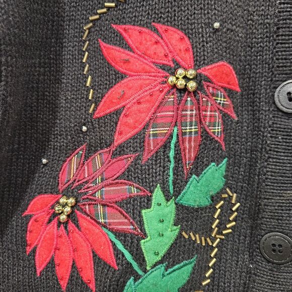 Vintage 3D Poinsettia Christmas Button Up Sweater Cardigan Size Small Beaded - Picture 4 of 9